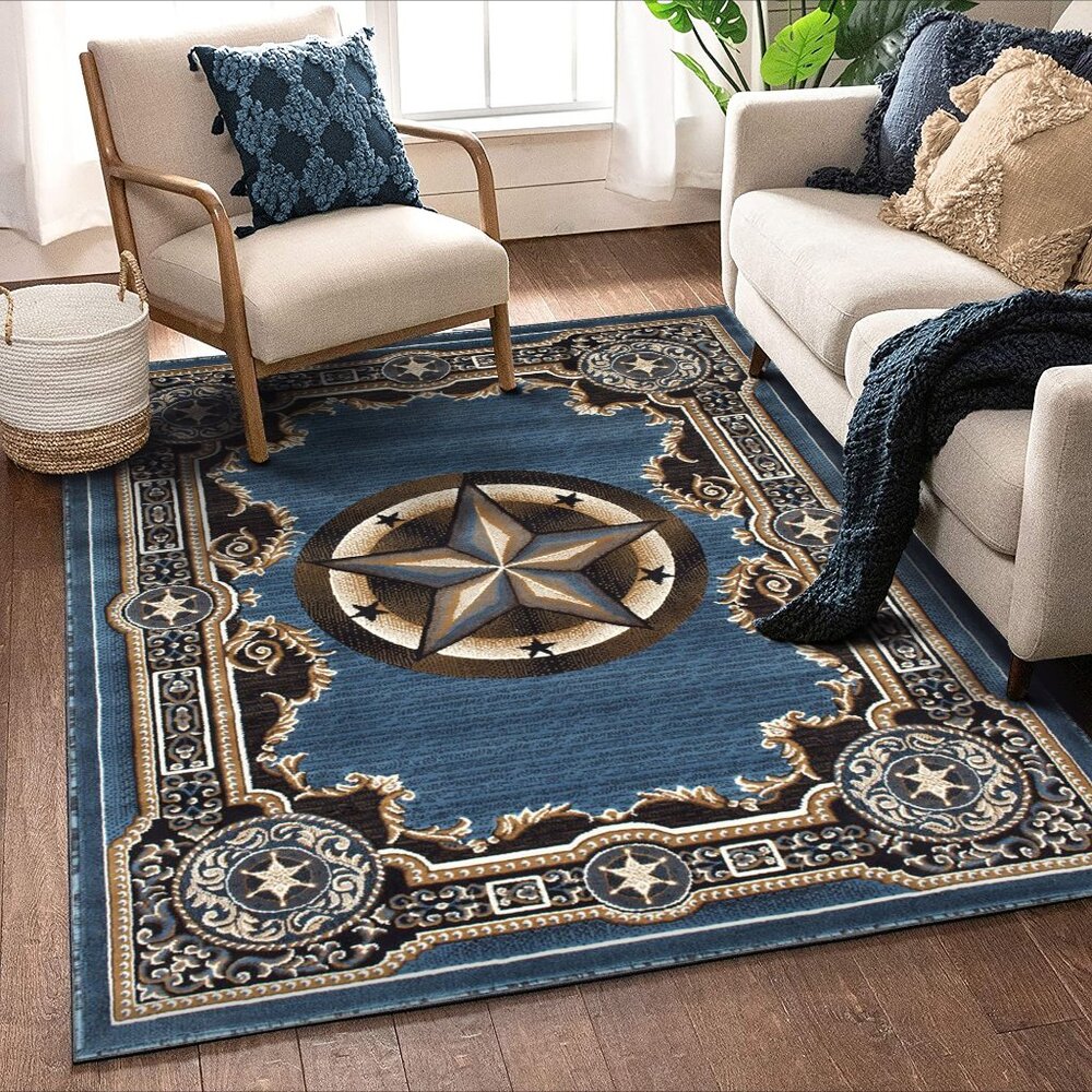 Allstar 5x7 Bordered Texas Star Area Rug in Light Blue